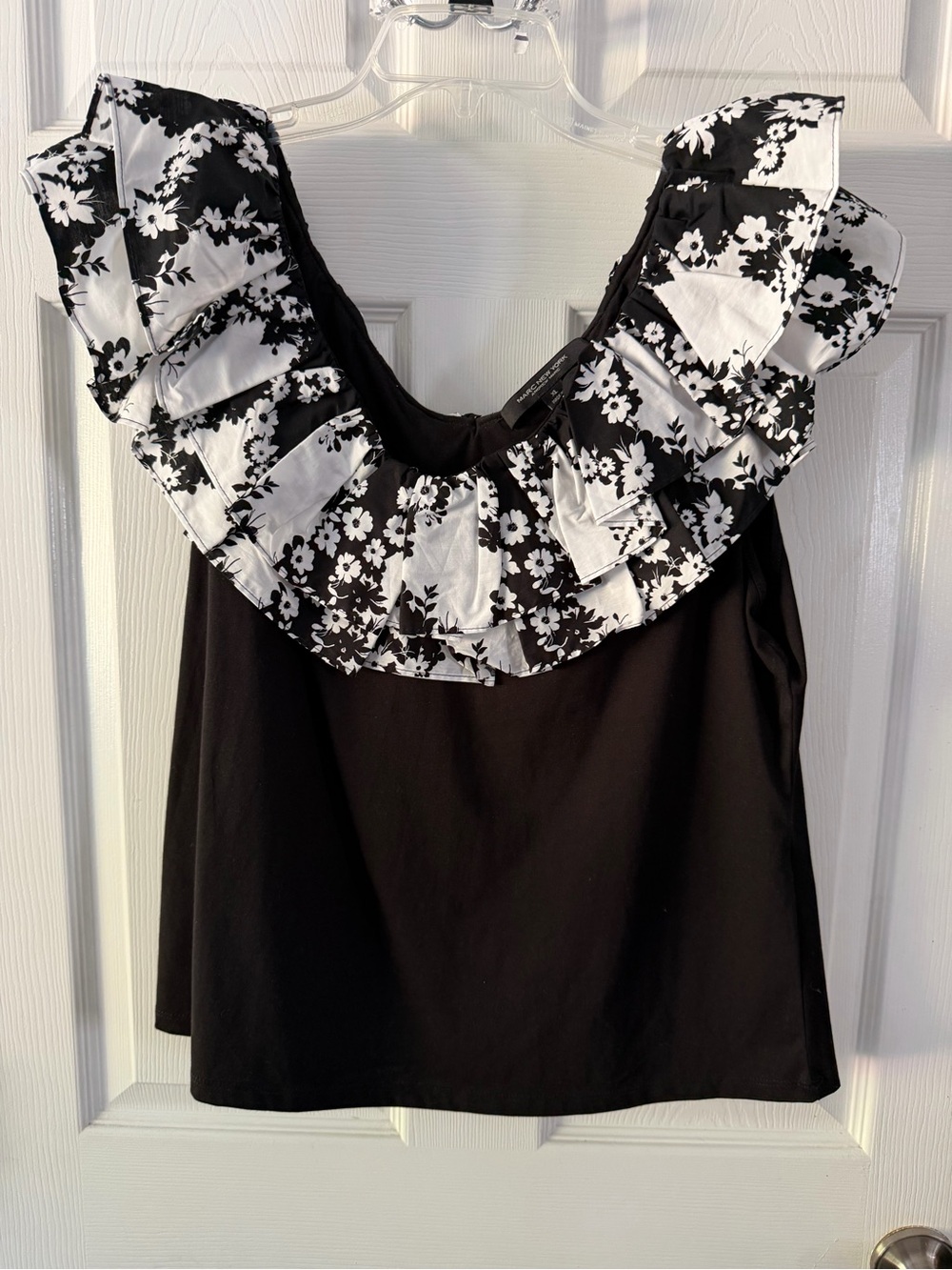 Marc New York Black Sleeveless Top with Black-and-White Floral Ruffle